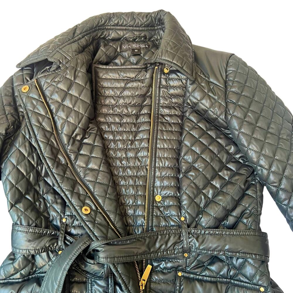 Via Spiga Women’s Evergreen Quilted Belted Coat Size M Gold Hardware - Picture 6 of 13